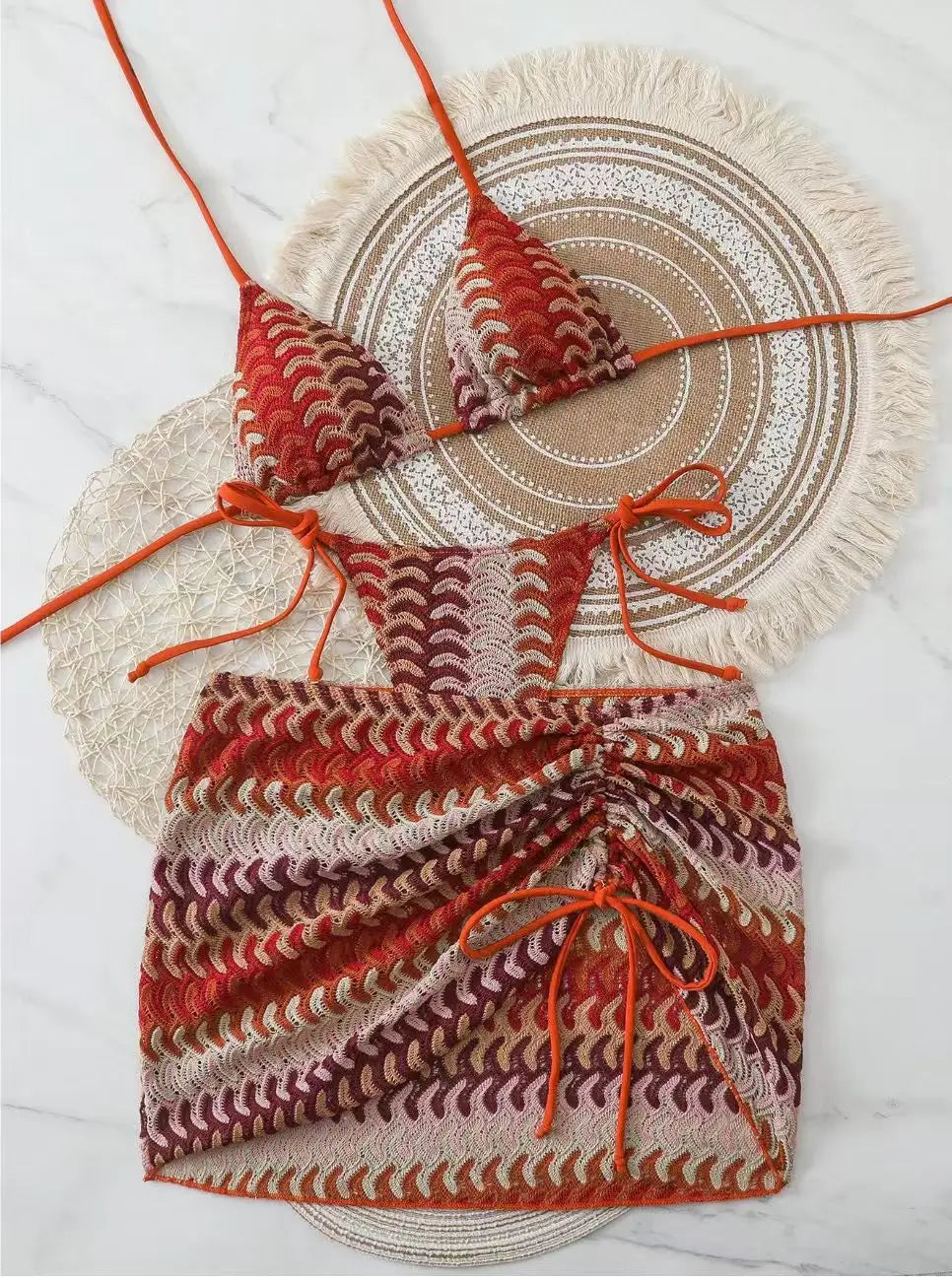 Bikini Bohemio Tres Piezas con Cubreplaya — Bañador Talle Alto para Mujer