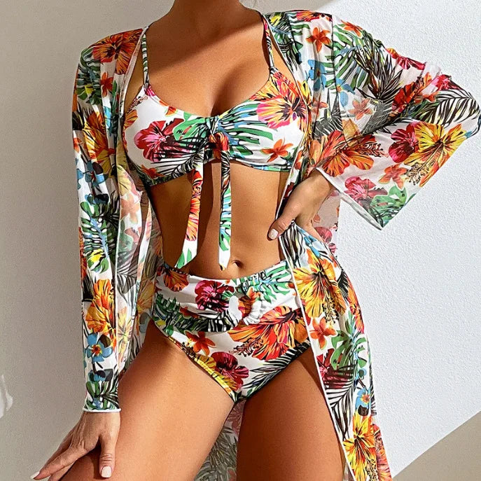 Bikini Bohemio Tres Piezas con Cubreplaya — Bañador Talle Alto para Mujer