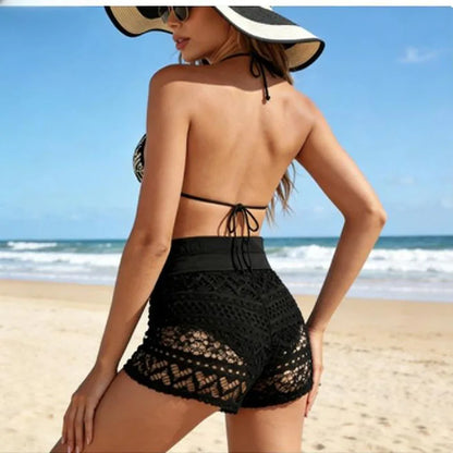 Women's High Waist Lace Swim Shorts Hollow Out Drawstring Beach Bottoms Sexy Swimwear for Swimming Surfing Vacation Pool Party