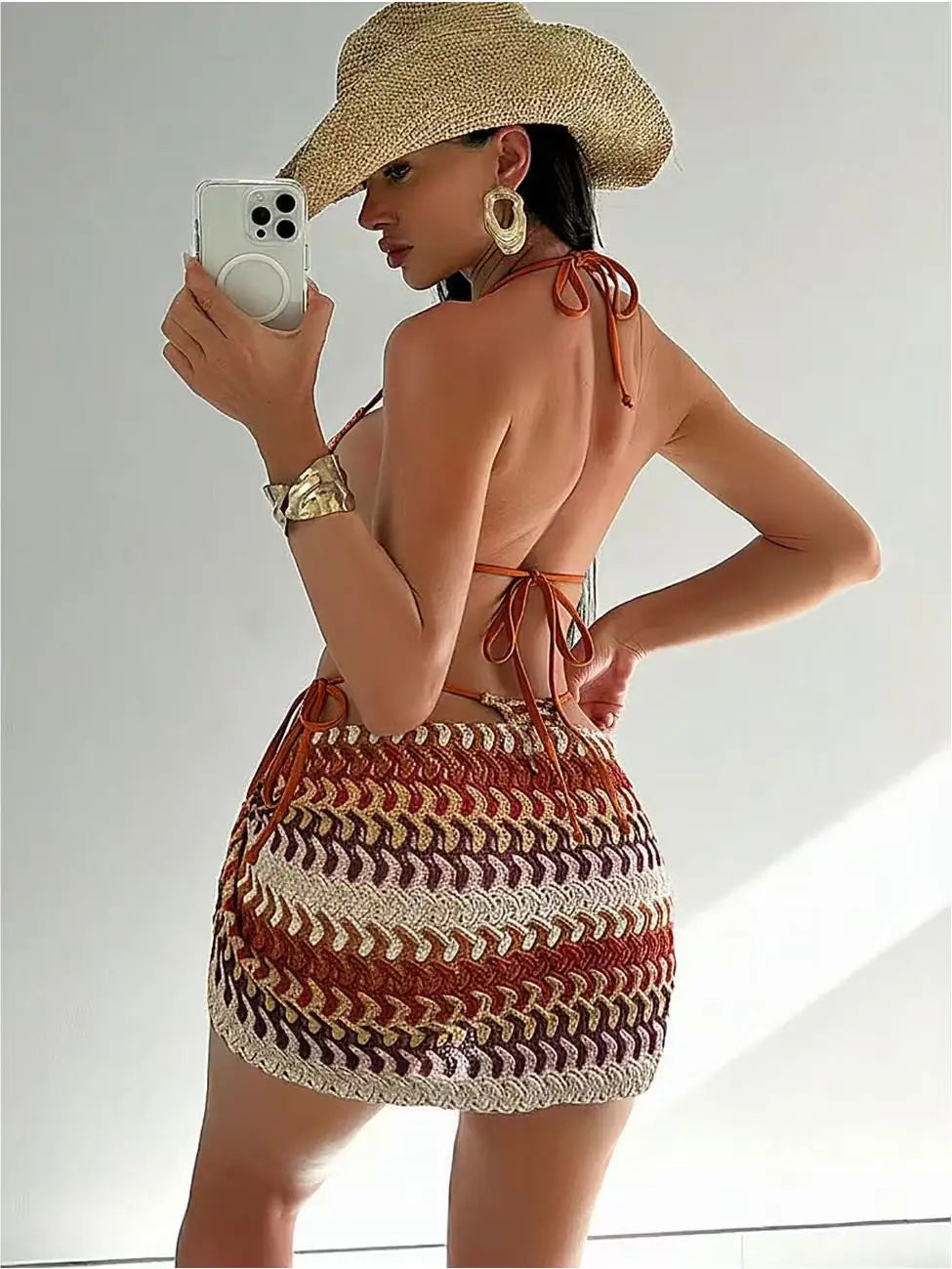 Bikini Bohemio Tres Piezas con Cubreplaya — Bañador Talle Alto para Mujer