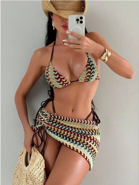 Bikini Bohemio Tres Piezas con Cubreplaya — Bañador Talle Alto para Mujer