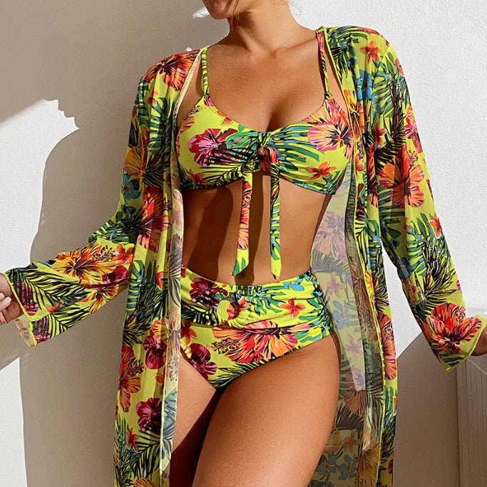Bikini Bohemio Tres Piezas con Cubreplaya — Bañador Talle Alto para Mujer